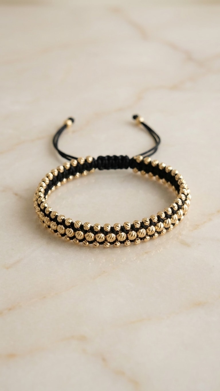 Pulsera triple carril macramé negro con balines diamantados gruesos oro laminado 18k flat lay sobre mármol cremoso, composición elegante NJL Jewelry