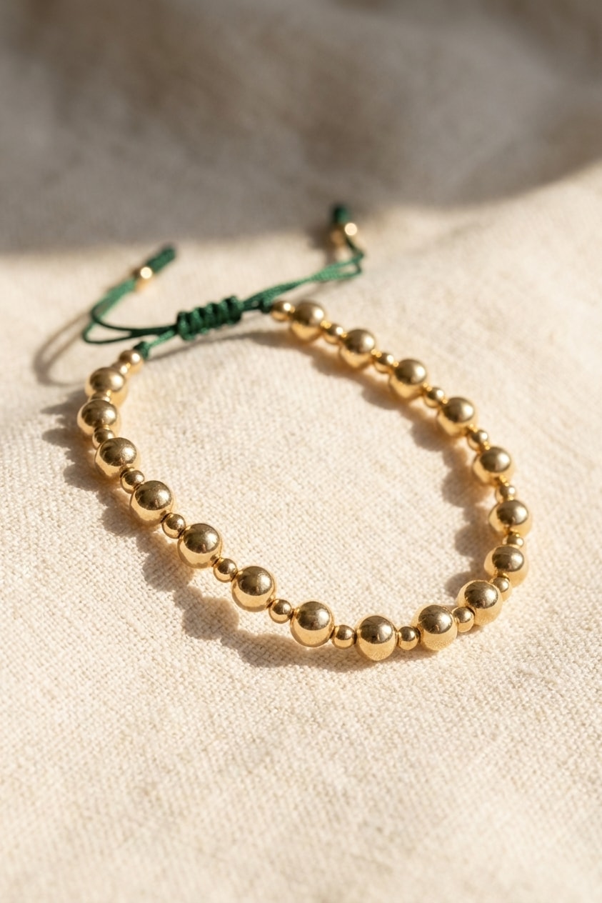 Pulsera Verde Intercalada 3mm sobre lino cremoso, flat lay editorial en oro laminado 18k NJL Jewelry