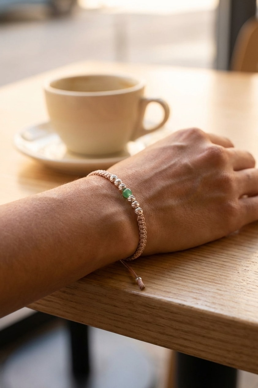 Pulsera Vida Esmeralda lifestyle sobre mesa de café de madera en oro laminado 18k NJL Jewelry