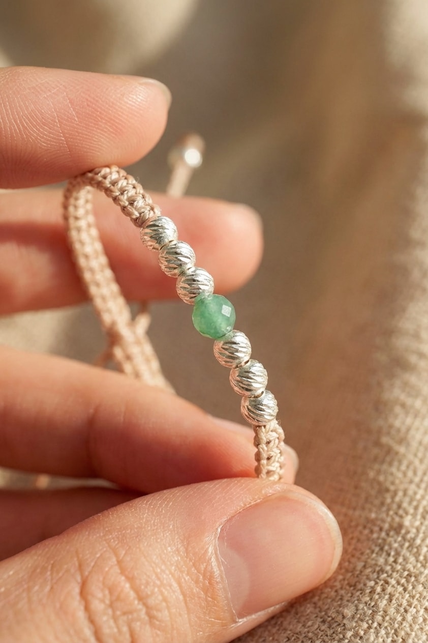 Pulsera Vida Esmeralda detalle macro sostenida entre dedos en oro laminado 18k NJL Jewelry