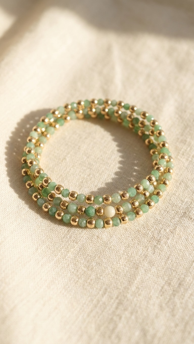 Set de 3 pulseras finas con piedras esmeralda mate y balines oro laminado 18k sobre lino crema, flat lay editorial NJL Jewelry