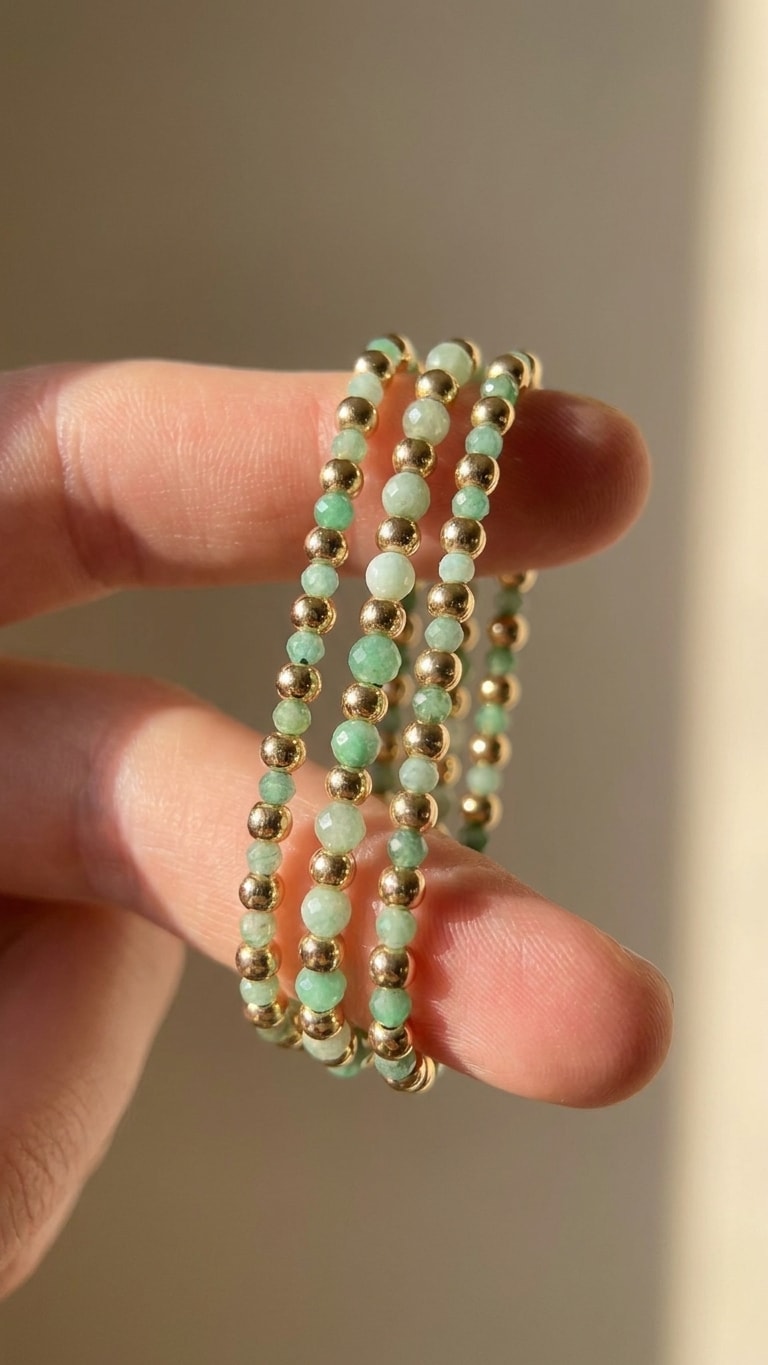 Set de 3 pulseras finas con piedras esmeralda mate y balines oro laminado 18k detalle macro entre dedos, primer plano NJL Jewelry