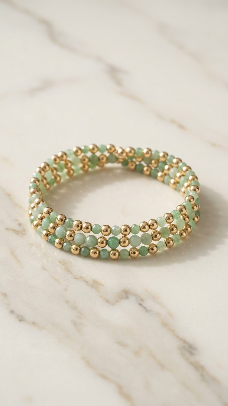 Set de 3 pulseras finas con piedras esmeralda mate y balines oro laminado 18k flat lay sobre mármol cremoso, composición elegante NJL Jewelry